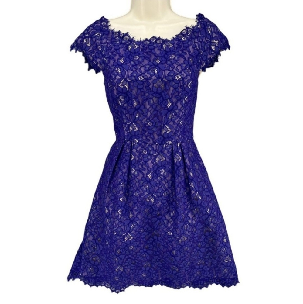 Shoshanna Mini Cocktail Dress • Deep Blue/Purple • Size 4 • Lace Cotton Blend